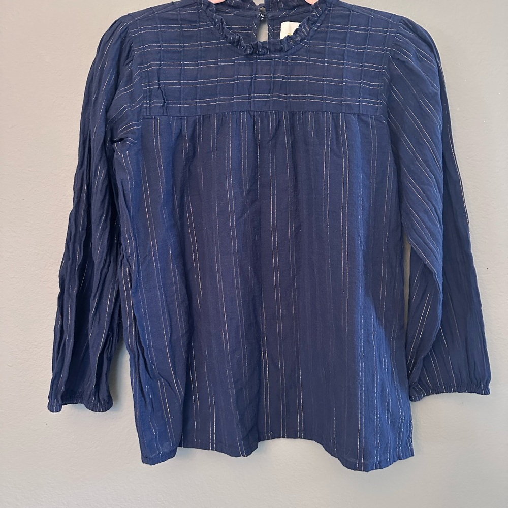 Maeve Blue Pleated Long Sleeve Blouse with Mandarin Collar